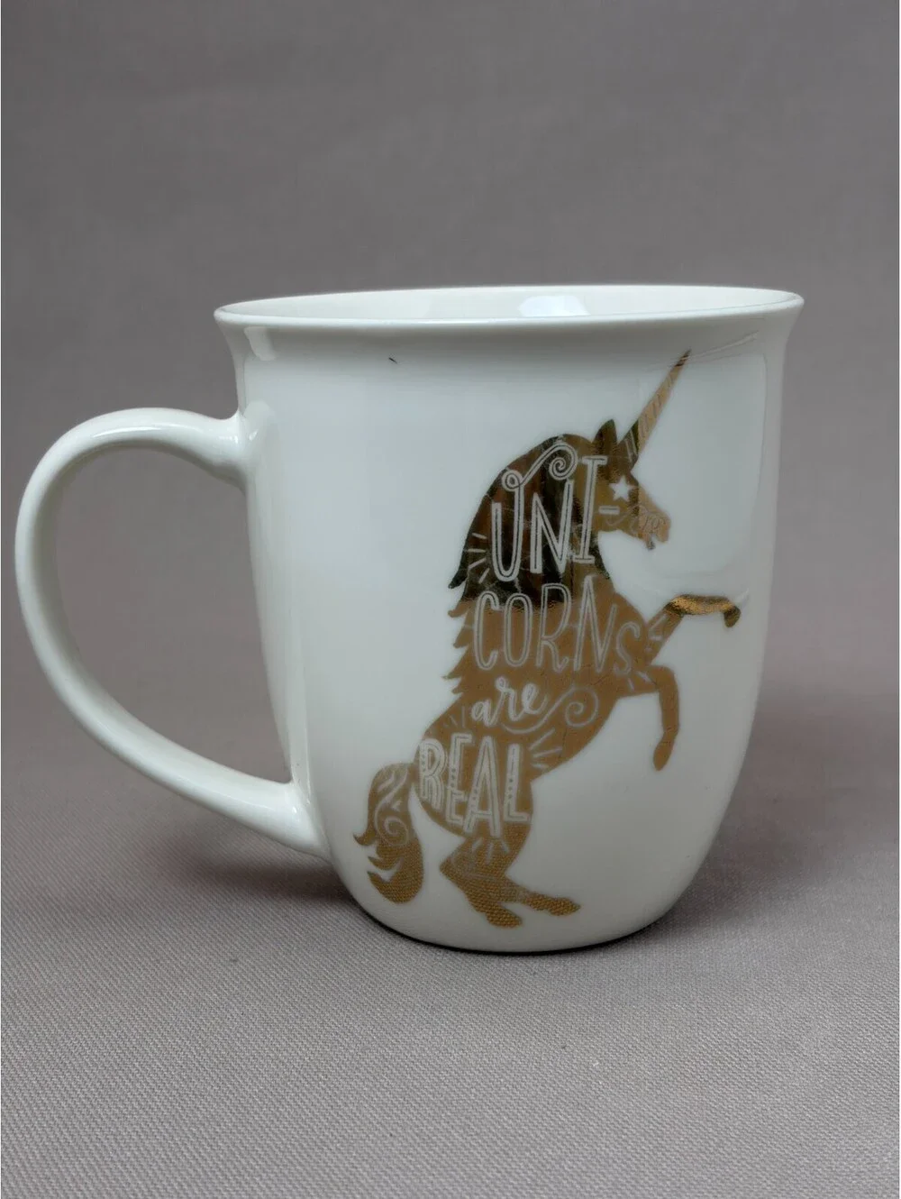 Pfaltzgraff Coffee Mug Unicorns Are Real Metallic Gold White Ceramic Cup 14 oz